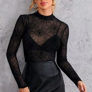 Shien Mock Neck mesh spider web long sleeve top